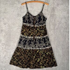 Santiki Tiered Midi Dress Women's Size L Floral Print Black Brown Bohemian Fairy